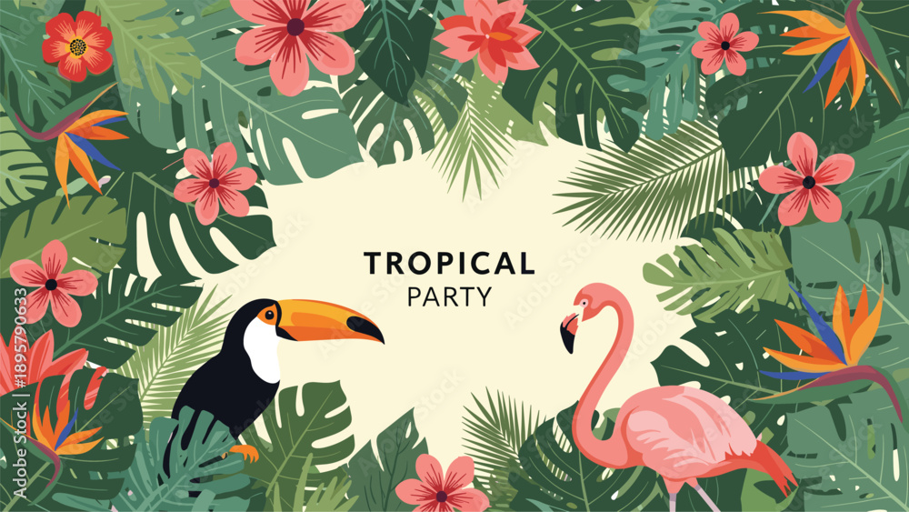 Fototapeta premium Tropical party invitation design with a lush frame of jungle leaves and flowers featuring a colorful toucan and a pink flamingo bird.