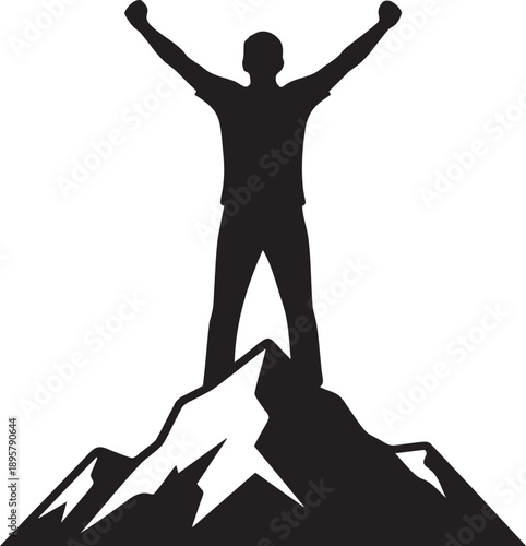 Winner standing on mountain top silhouette success achievement concept man celebrating victory reaching peak with raised arms