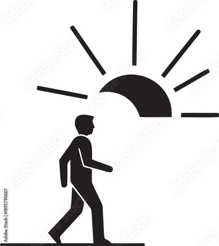 A man walking under the sunrise or sunset icon, representing new beginnings or end of day journeys