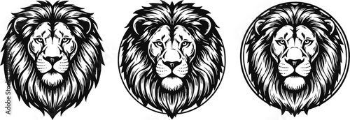 three black and white lion head illustrations with detailed manes and strong facial expressions