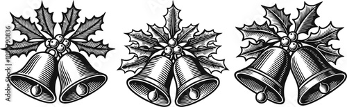 christmas bells with holly leaves and berries vintage holiday decoration design elements, festive winter celebration