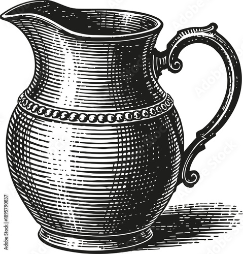 vintage metal pitcher with ornate handle and decorative band, classic kitchenware illustration