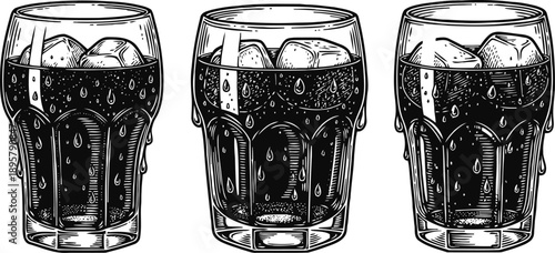 Three glasses of soda with ice cubes and condensation droplets on the surface