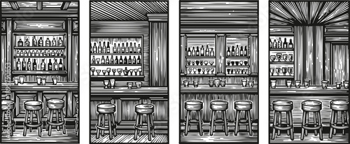 vintage wooden bar interior illustrations with stools, shelves, bottles, and glasses in black and white