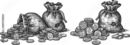 Illustration of money bags spilling coins, vintage engraved drawing with scattered currency
