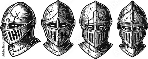Medieval knight helmets collection steel armor head protection set with detailed engravings and battle wear marks