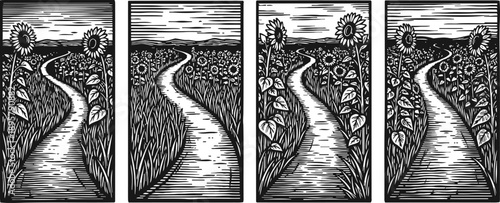 Woodcut winding path through sunflower fields in black and white landscape panels