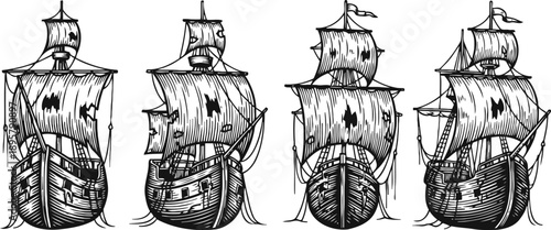 old sailing ships with torn sails vintage maritime vessels sketch with wooden hulls and rigging historic ocean exploration design