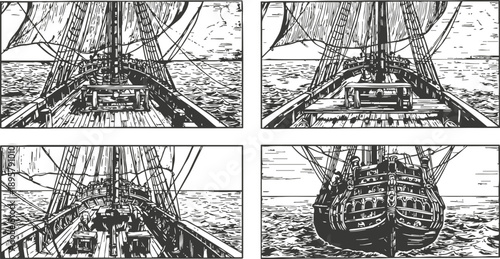 vintage sailing ship illustrations hand drawn black and white sketches of maritime vessel deck, rigging, sails, and stern with ocean background