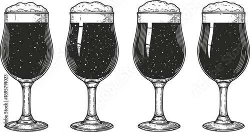 Four craft beer glasses with foam dark ale, stout drinks in transparent tulip glasses hand drawn vintage pub bar illustration