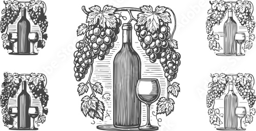 Wine bottle and glass with grapevine decoration vintage engraving illustration