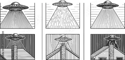 Ufo abductions in six sketch panels flying saucers beaming light, chimney, roofs, extraterrestrial encounter concept