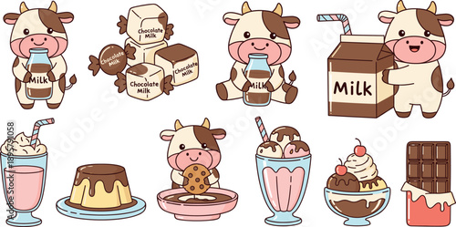 Cute kawaii cow character set with chocolate milk bottle carton pudding cookies and candy bar vector illustrations for sweet dairy branding.
