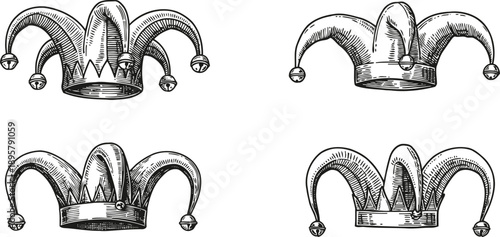 Four vintage jester hats sketch collection medieval clown headpieces with bells carnival and masquerade accessory drawings