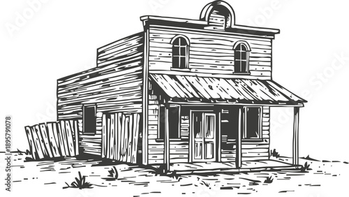 Old western wooden building sketch with saloon facade and rustic texture, vintage frontier architecture drawing