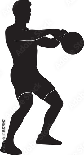Man silhouette performing kettlebell swing exercise strength training workout athlete bodybuilder fitness routine illustration