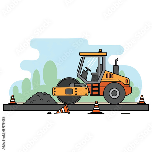 Road Roller Compactor Paving Asphalt. Flat Vector Illustration of Heavy Construction Machinery Working on Infrastructure and Road Repair.