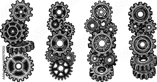 detailed black and white hand drawn mechanical gears and cogs illustrations set in vertical arrangements