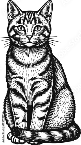 detailed black and white illustration of a sitting tabby cat with stripes and attentive expression