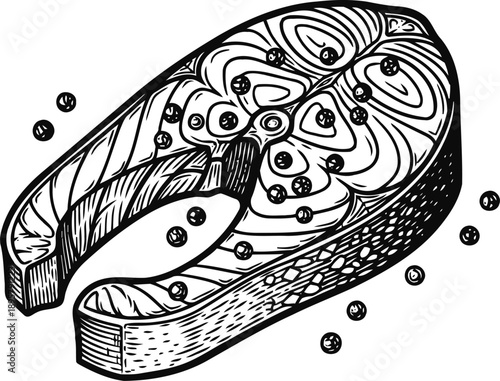 hand drawn fish steak illustration with peppercorn seasoning fresh seafood slice detailed sketch