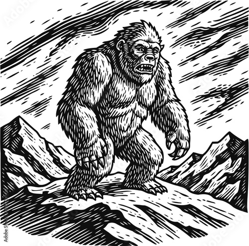 Bigfoot standing on snowy mountain peak with fierce expression drawing