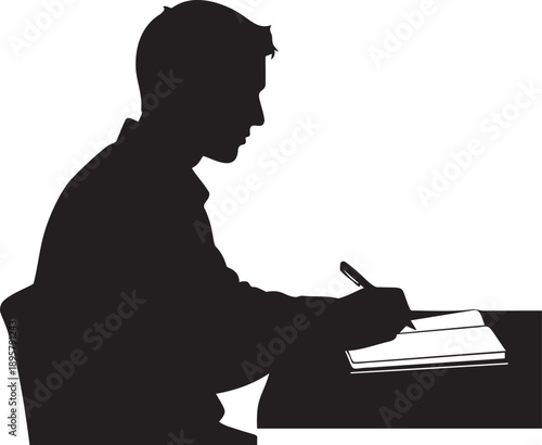 Silhouette of young man writing in notebook at desk symbolizing education studying and knowledge acquisition during learning process
