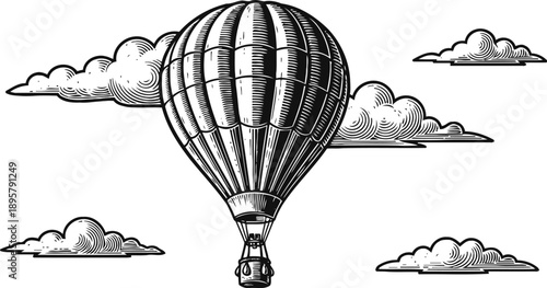 Vintage hot air balloon floating in the sky with detailed clouds, hand drawn retro illustration
