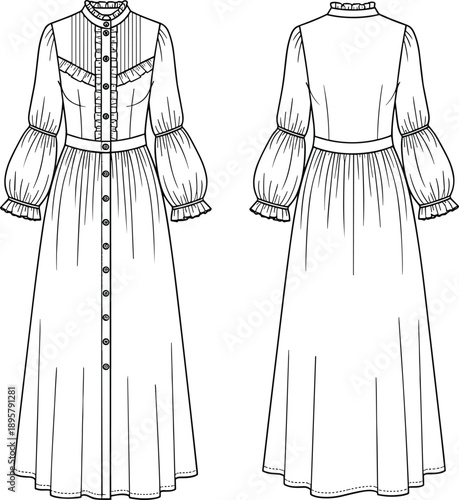 Women's long sleeve maxi dress technical flat sketch, featuring ruffled collar, pintucks, puff sleeves, button placket, front and back view, isolated vector illustration template.