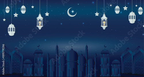 Abstract blue sky background with clouds and stars over a city skyline at night suitable for holiday and urban design