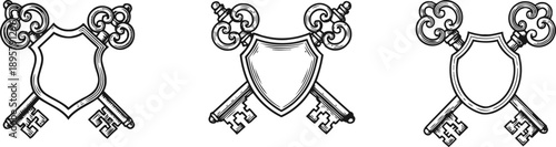 Vintage crossed keys with shield emblem set heraldic design, ornate antique decoration, security and trust symbol