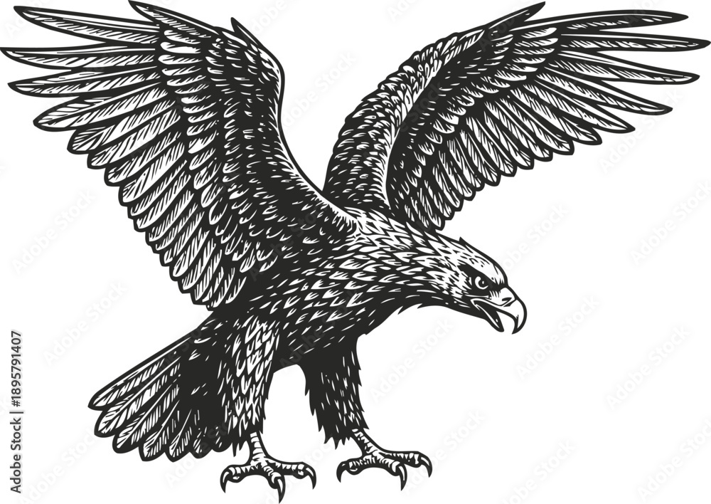 Fototapeta premium Detailed black and white illustration of an eagle flying with spread wings and sharp claws