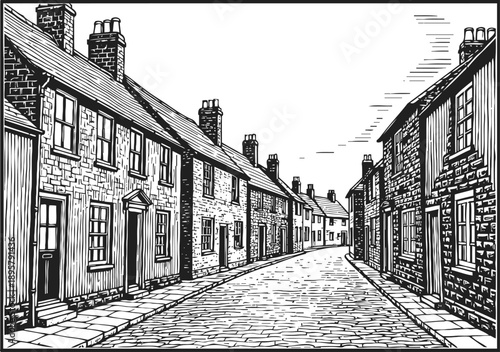 cobblestone street lined with old brick and stone houses in black and white illustration