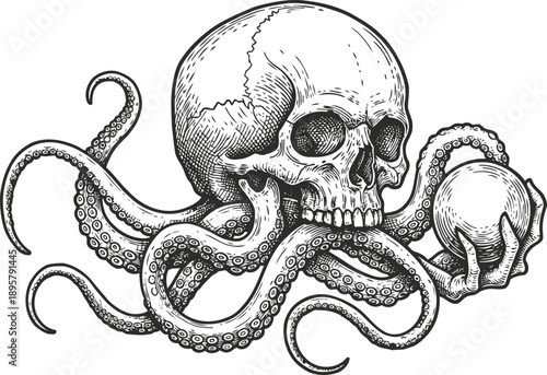 Skull with octopus tentacles holding a sphere black and white detailed tattoo illustration mystic, gothic, surreal art design