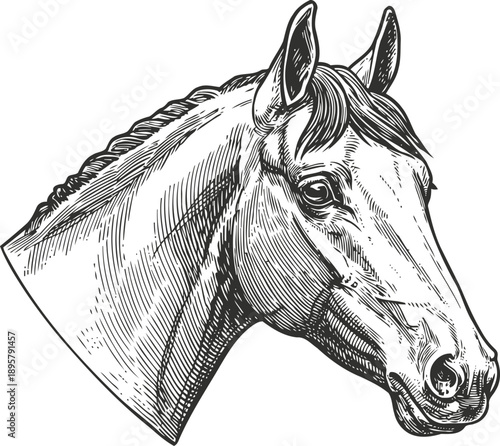Detailed horse head drawing with expressive eye and mane in black and white sketch