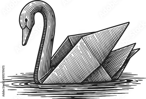 Vintage black and white illustration of an origami paper swan floating on water with ripples