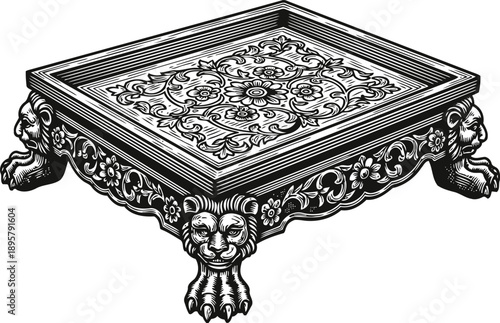 Ornate wooden table with floral carvings and lion paw feet in vintage decorative