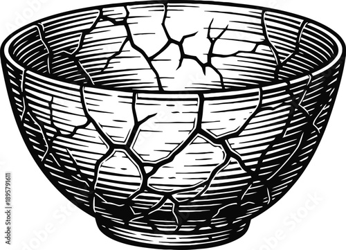 Cracked ceramic bowl illustration with detailed fractures and vintage engraving