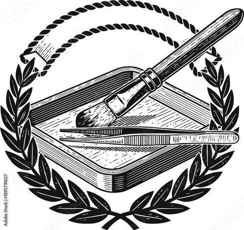 Traditional painting tools set with brush and palette knife in wooden tray decorated with laurel wreath