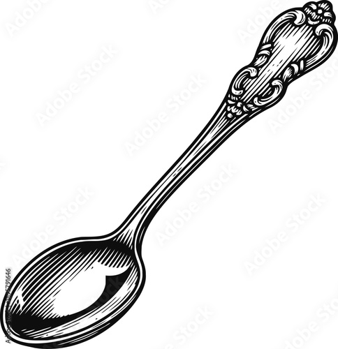 Ornate vintage spoon with intricate decorative handle in black and white engraving
