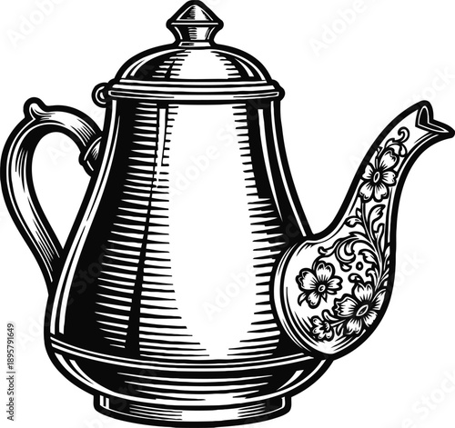 Vintage teapot with floral spout engraving classic design, elegant metal kettle illustration in black and white