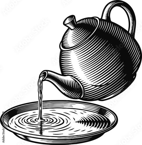 Vintage teapot pouring hot tea into a shallow plate with ripples in black and white engraving