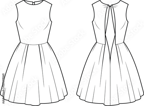 Women's sleeveless dress technical flat sketch, featuring open back cutout, fitted bodice, pleated flared skirt, round neck, front and back view, isolated vector illustration.