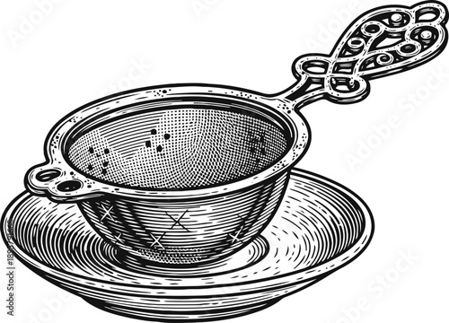 Vintage tea strainer with intricate handle resting on matching plate detailed hand drawn kitchen utensil illustration