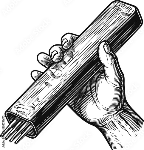 Hand holding welding electrodes electrode holder tool for electric arc welding process illustration