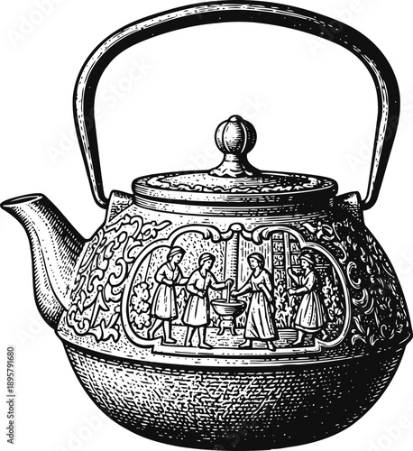 Ornate vintage teapot with engraved floral patterns and old fashioned scene decoration