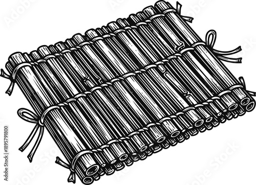 Bamboo mat rolled up and tied with cords traditional natural woven floor or table cover illustration