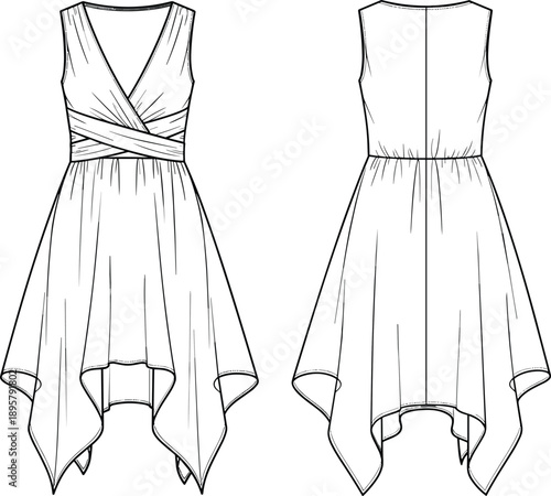 Women's sleeveless dress technical flat sketch, featuring wrap crisscross bodice, deep v-neck, handkerchief hem, front and back view, isolated vector illustration template.
