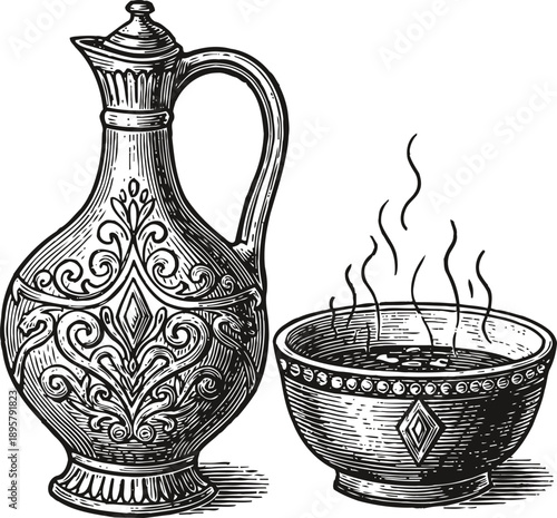 Ornate vintage pitcher and steaming bowl with decorative engravings, classic kitchenware illustration