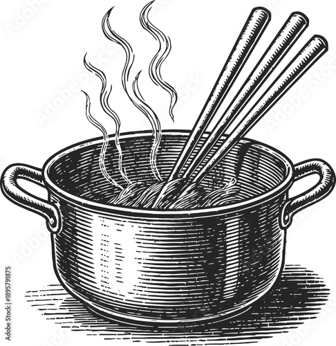 Hot soup in a cooking pot with steam rising and chopsticks stirring the noodles