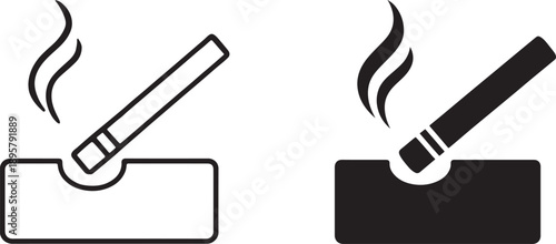 Cigarette butt in ashtray silhouette and line art icon for smoking warning signs.